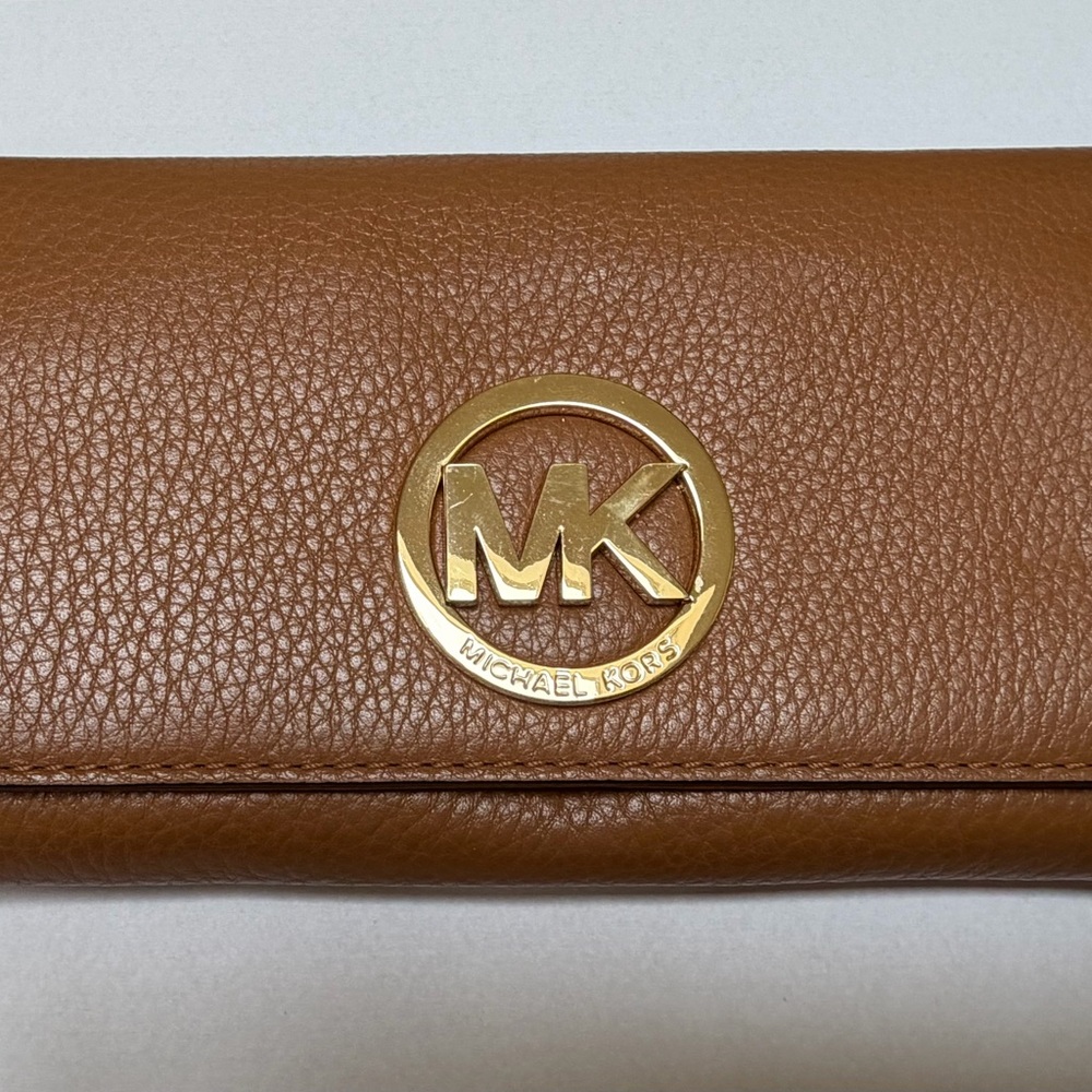 Michael Kors Tan Leather Wallet with Gold MK Medallion